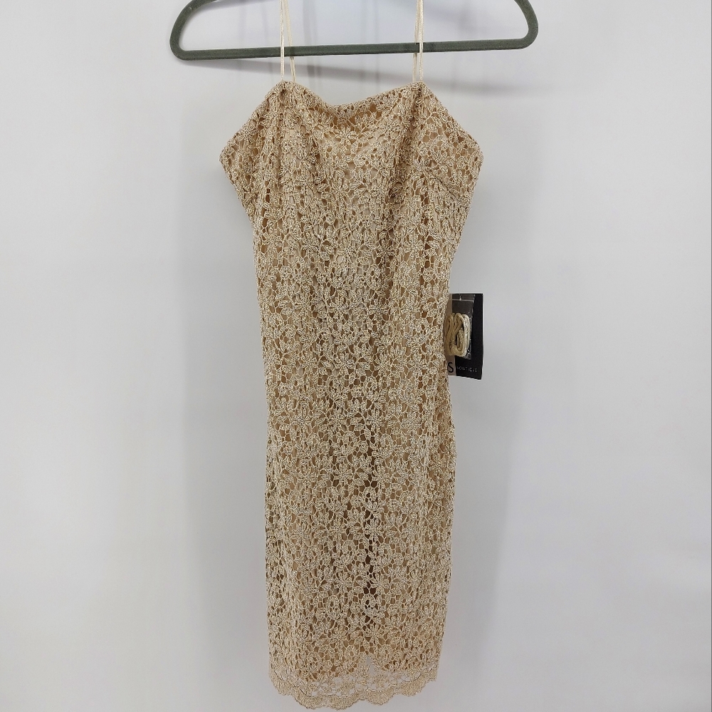 JS Boutique Gold Lace floral sparkle mini dress with scallop hem
